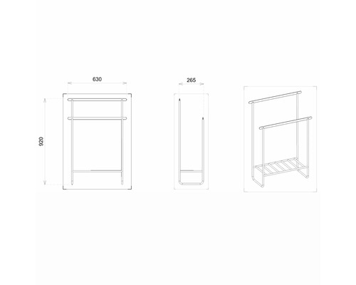 Technische Zeichnung eines freistehenden Handtuchhalters mit Maßangaben