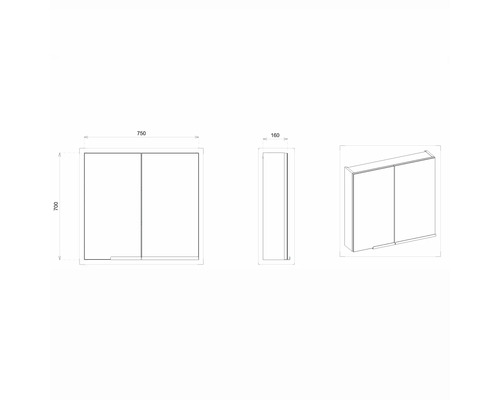Technische Zeichnung eines Spiegelschranks mit den Maßen 750 x 700 x 160 mm