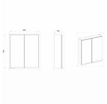 Technische Zeichnung eines Spiegelschranks mit Maßen 600 x 700 x 160 mm