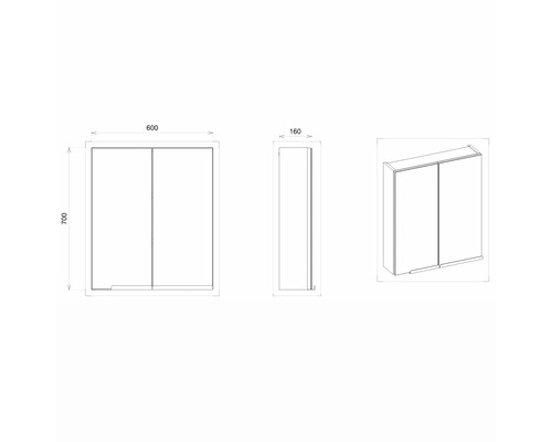 Technische Zeichnung eines Spiegelschranks mit Maßen 600 x 700 x 160 mm