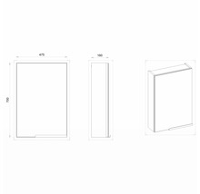 Zeichnung eines Badezimmerschranks mit den Maßen 475 x 700 x 160 mm.