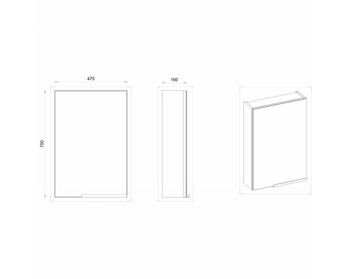 Zeichnung eines Spiegelschranks mit den Maßen 475 x 700 x 160 mm.