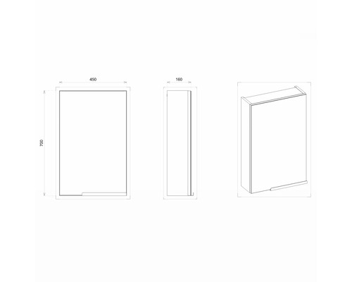 Technische Zeichnung eines Badezimmerschranks mit den Maßen 450 mm Breite, 700 mm Höhe und 160 mm Tiefe.