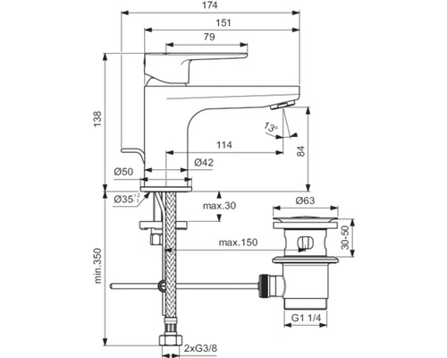 Technische Zeichnung einer Waschtischarmatur mit Maßangaben