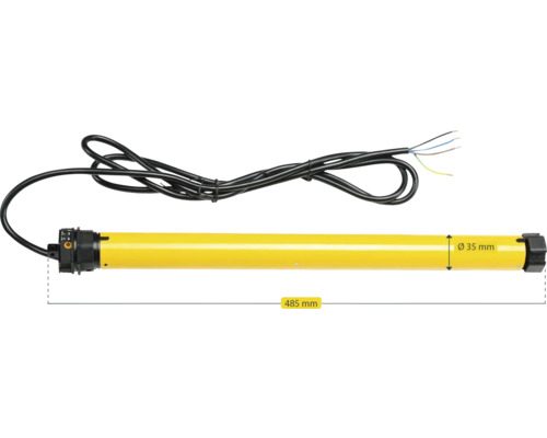 Gelber Rohrmotor mit einer Länge von 485 Millimeter und einem Durchmesser von 35 Millimeter.