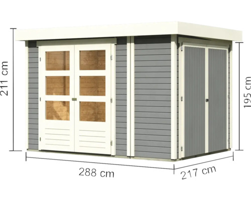 Holzgartenhaus mit Doppeltür und Maßangaben