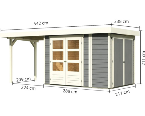 Gartenhaus mit Vordach und Maßangaben