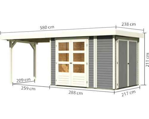 Gartenhaus mit Anbau und Maßangaben
