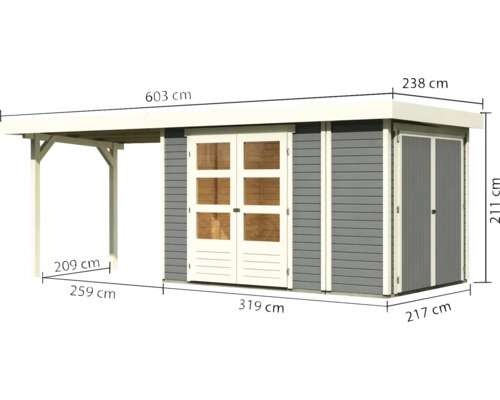 Gartenhaus mit Anbau und Maßangaben