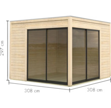 Gartenhaus aus Holz mit Glasschiebetüren und Größenangaben