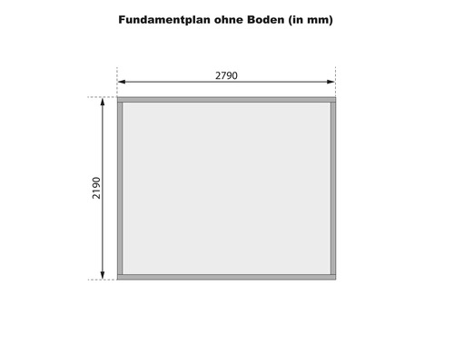 Fundamentplan ohne Boden mit Maßangaben in Millimeter