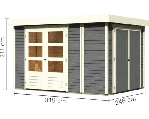 Gartenhaus mit Fenster, Doppeltür und den Maßen 319 mal 246 mal 211 Zentimeter