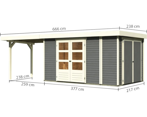 Holzgartenhaus mit Abmessungen und Überdachung