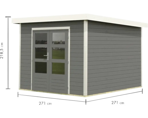 Gartenhaus mit Doppeltür und den Maßen 271 mal 271 mal 218,5 Zentimeter