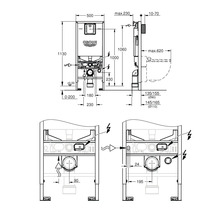 Technische Zeichnung eines Grohe Wandeinbau Spülkastens mit Maßangaben.
