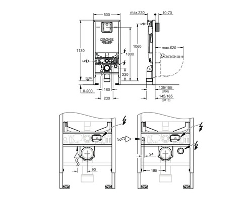 Technische Zeichnung eines Grohe Wandeinbau Spülkastens mit Maßangaben.