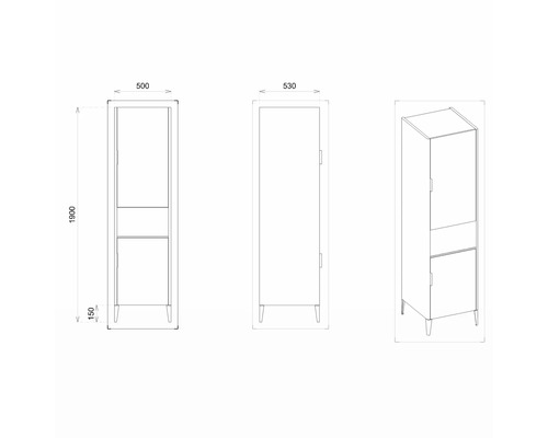 Technische Zeichnung eines Badezimmerschranks mit Abmessungen