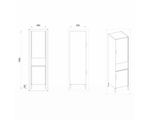 Technische Zeichnung eines Hochschranks mit Maßangaben