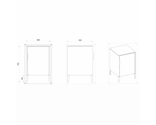 Technische Zeichnung eines Unterschranks mit Tür und Maßen