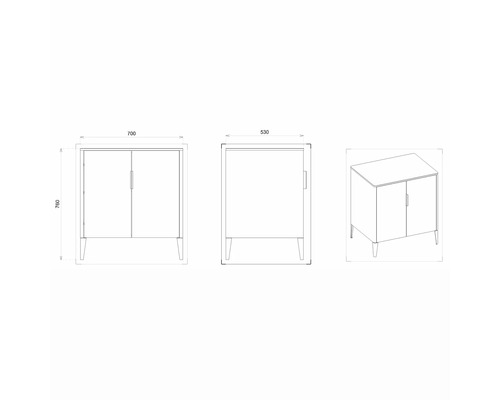 Technische Zeichnung eines Badezimmerschranks mit Maßen