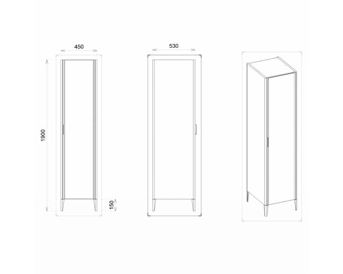 Technische Zeichnung eines Schranks mit den Maßen 450 x 530 x 1900 mm