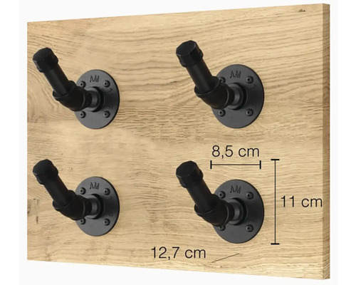 Wandgarderobe mit vier schwarzen Metallhaken auf Holzplatte, Maße dargestellt