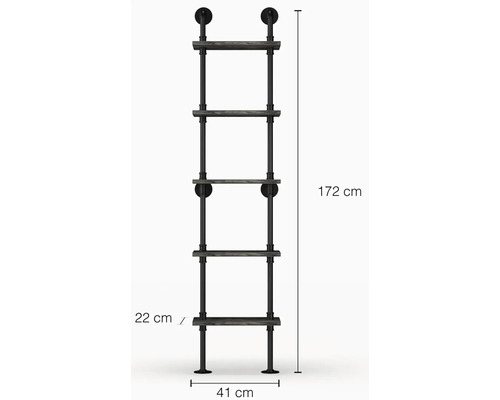 Wandregal mit fünf Ebenen im Industriedesign, Metall und Holz, 172 cm hoch