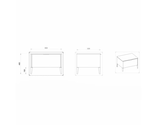 Technische Zeichnung eines Möbels mit Maßangaben