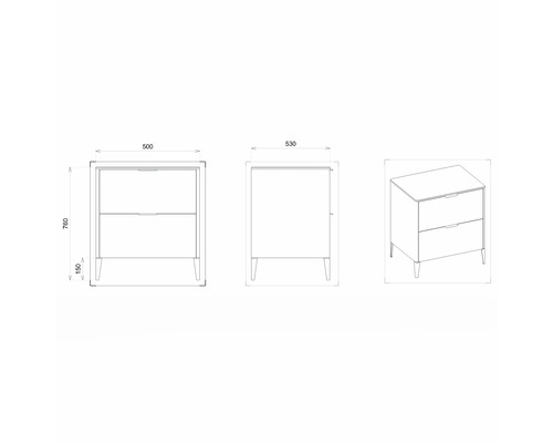 Zeichnung eines Badezimmerunterschranks mit Maßangaben