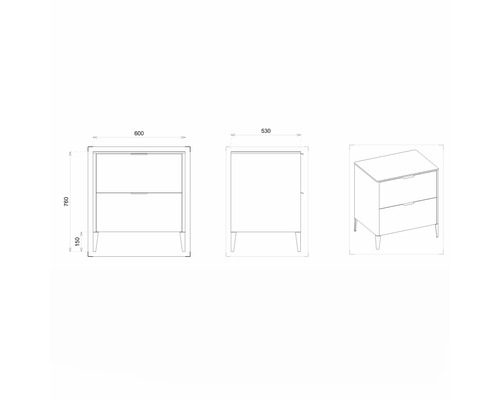 Technische Zeichnung eines Badezimmer-Unterschranks mit Abmessungen.