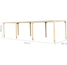Holzunterstand mit den Maßen 934 cm Länge, 235 cm Höhe und 320 cm Tiefe