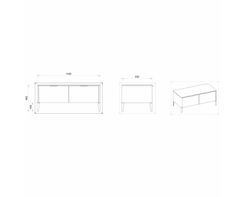 Technische Zeichnung eines Sideboards mit Abmessungen