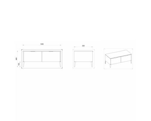 Zeichnung eines Sideboards mit Abmessungen 1200 x 460 x 530 mm.