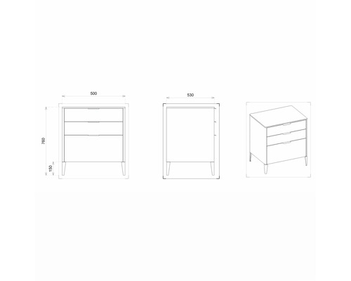 Technische Zeichnung einer Kommode mit drei Schubladen und Maßangaben.