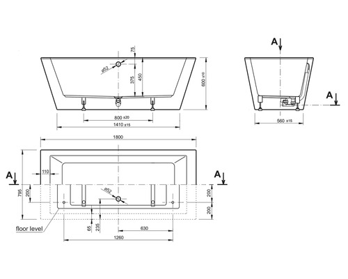 Technische Zeichnung einer Badewanne mit Maßangaben