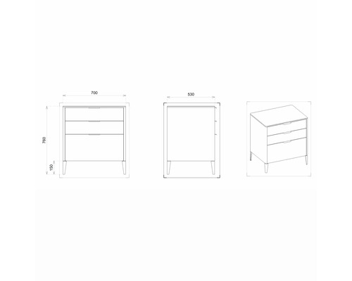 Technische Zeichnung eines Schranks mit drei Schubladen und Maßangaben.
