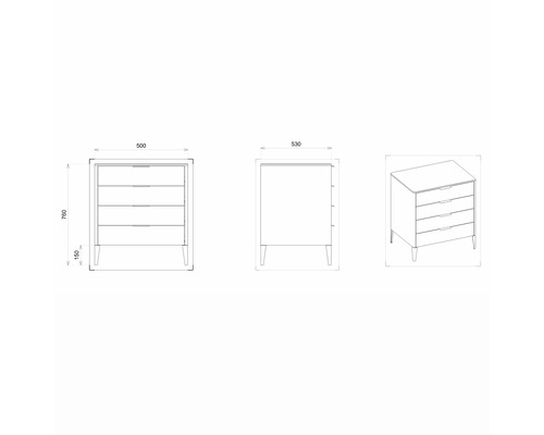 Technische Zeichnung einer Kommode mit vier Schubladen und Maßangaben.