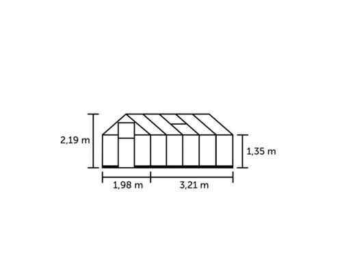 Abbildung eines Gewächshauses mit den Maßen 2,19 Meter Höhe, 1,98 Meter Breite und 3,21 Meter Länge.