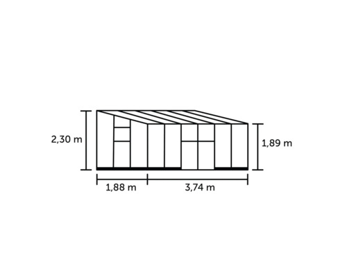 Technische Zeichnung eines Gewächshauses mit Maßangaben