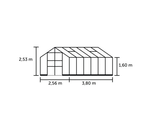 Diagramm eines Gewächshauses mit Abmessungen: Höhe 2,53 Meter, Seitenhöhe 1,60 Meter, Länge 2,56 Meter plus 3,80 Meter.