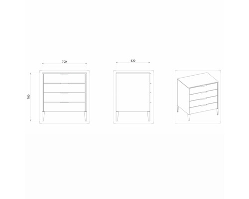 Technische Zeichnung einer Kommode mit vier Schubladen und Abmessungen.