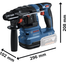 Bosch Bohrhammer mit den Maßen 208 mm Höhe, 102 mm Breite und 296 mm Länge