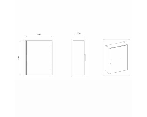 Technische Zeichnung eines Spiegelschranks mit Maßangaben