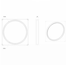 Technische Zeichnung eines runden Spiegels in quadratischem Rahmen mit Maßangaben.