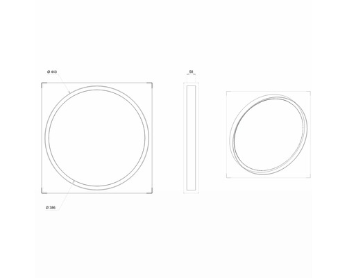 Technische Zeichnung eines runden Spiegels mit den Maßen 440 mm Breite, 386 mm Durchmesser und 58 mm Tiefe.