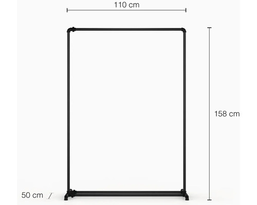 Schwarzer Kleiderständer mit den Maßen 110 cm Breite, 50 cm Tiefe und 158 cm Höhe.