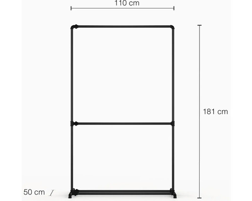 Kleiderständer aus Metall mit den Maßen 110 cm Breite, 181 cm Höhe und 50 cm Tiefe