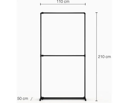 Kleiderständer aus Metall mit den Maßen 110 cm Breite, 210 cm Höhe und 50 cm Tiefe