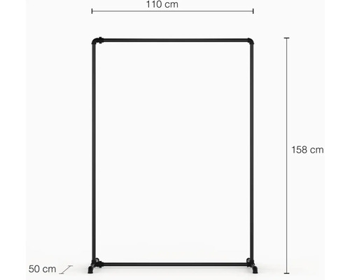 Kleiderständer aus Stahlrohr mit den Maßen 110 cm Breite, 158 cm Höhe und 50 cm Tiefe