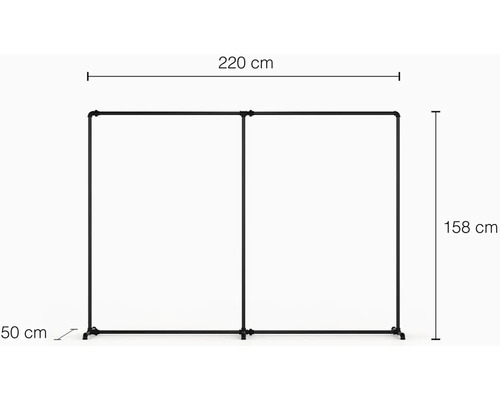 Schwarzer Kleiderständer aus Metall mit den Maßen 220 cm Breite, 158 cm Höhe und 50 cm Tiefe.